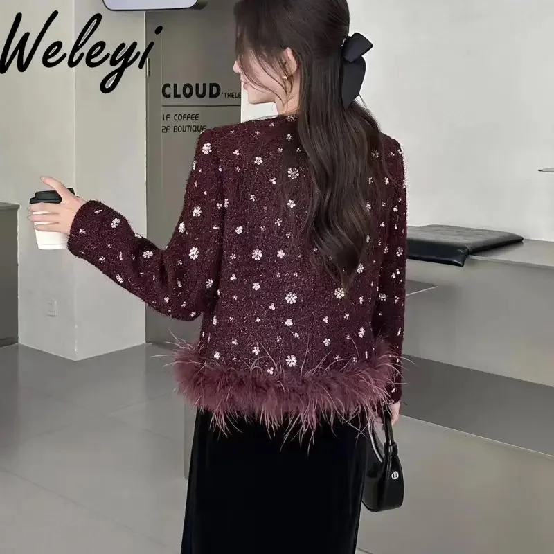 

Luxury Women's Sequined Flower Furry Stitching Coat Autumn New High-end European Crew Neck Long Sleeve Short Jacket Feminina