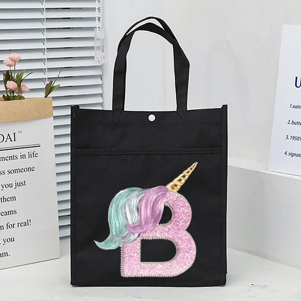 Unicorn Initial Print Children\'s Tuition School Bag Girls Carry Bag Cartoon for Kids Hand-carry Tuition Bags Student Totes Pouch