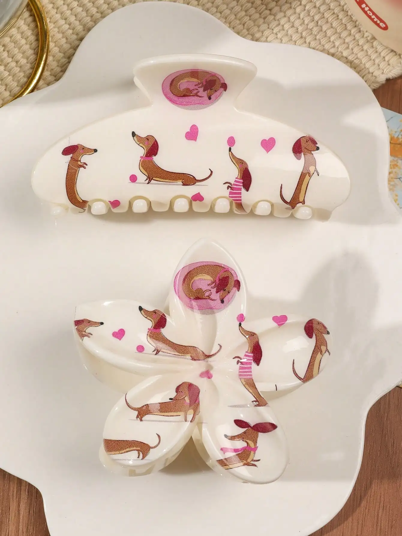 2 Stück niedliche rosa Dackel-Herz-Druck-Haarklammern für Frauen, Blumen und große Halbkreis-Mode-Haar-Accessoires, Hai-Clips – Detail 4