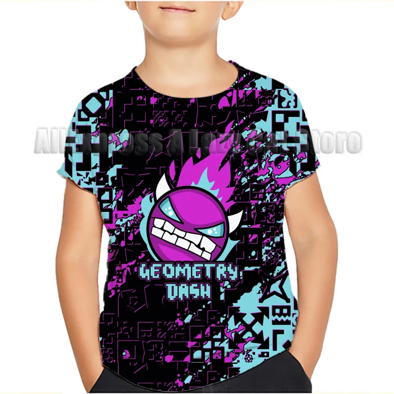 Angry Geometry Dash T-shirt For Boys Clothes Cartoon Summer Thin Round Collar Kids Tees Tops Popular Design Children T Shirts