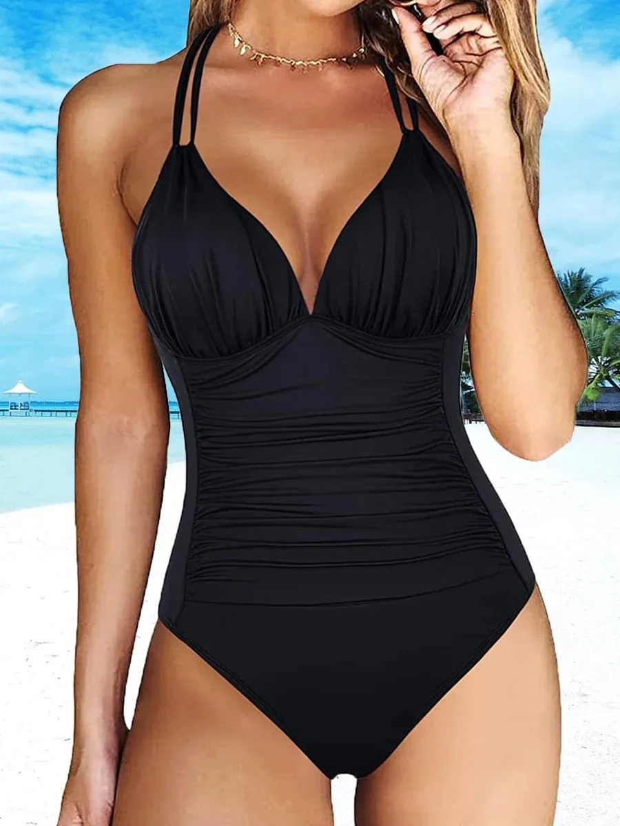 Solid Ruched Swimsuit One Piece Swimwear Women Backless Bathers Bathing Suit Female Padded Beachwear Bodysuit