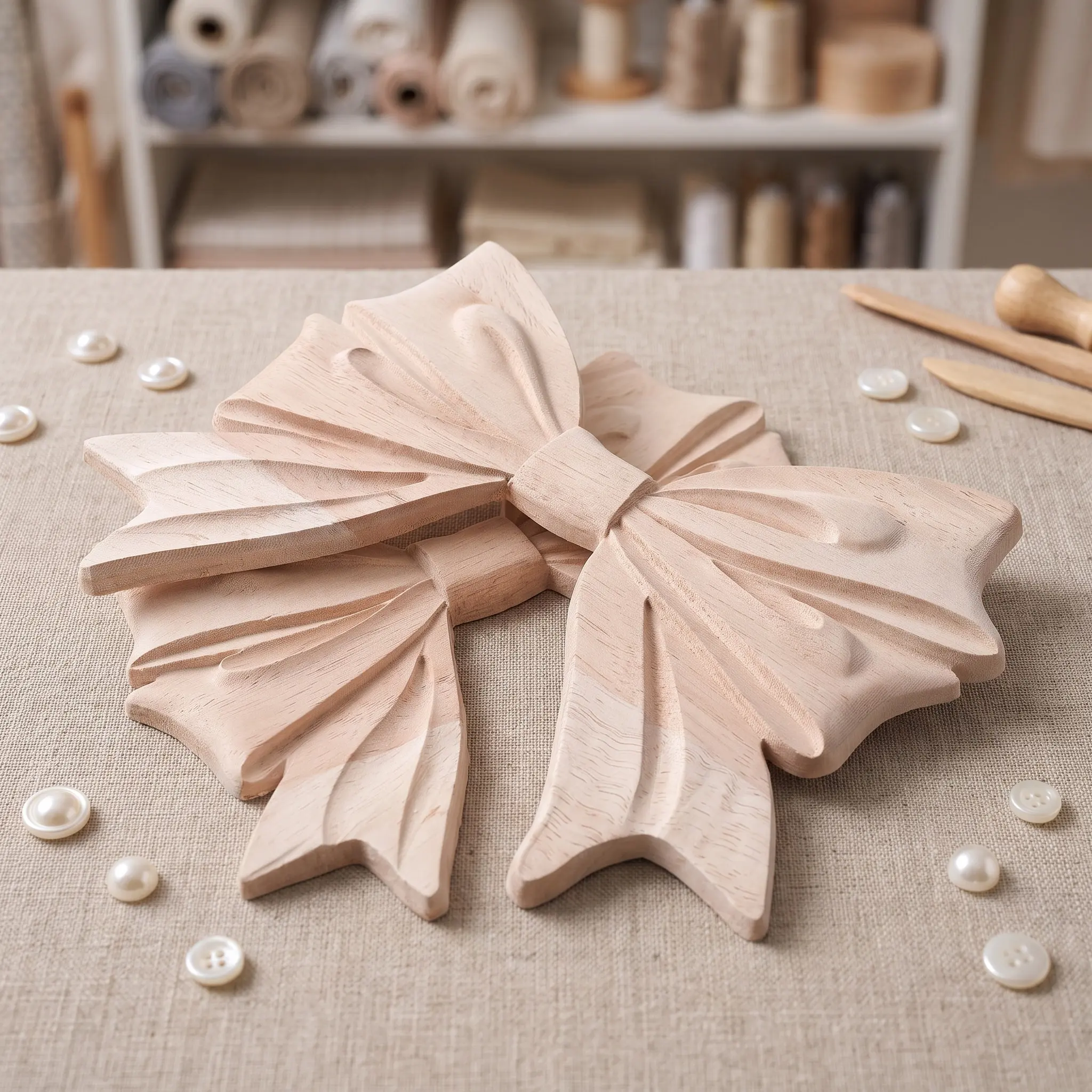 2Pcs Wood Bow Applique Unpainted Furniture Decor Embellishments 7.9x5.9in European Style Wood Carved Onlay Bow Decoration
