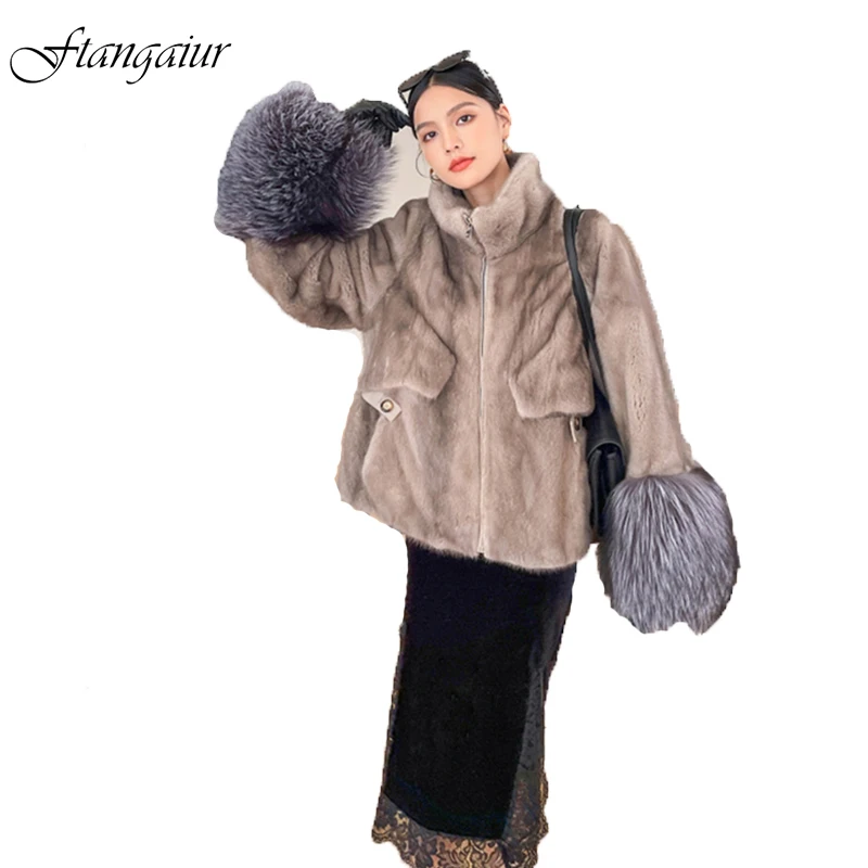 

Ftangaiur Winter Import Purple Standard Velvet Mink Fur Coat Women Mandarin Collar Removable Fox Fur Natural Real Mink Fur Coats