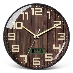 Wood Grain Wall Clock Luminous 12 Inch Nordic Clock Mute LCD Temperature and Humidity Display Quartz Clock Living Room Study
