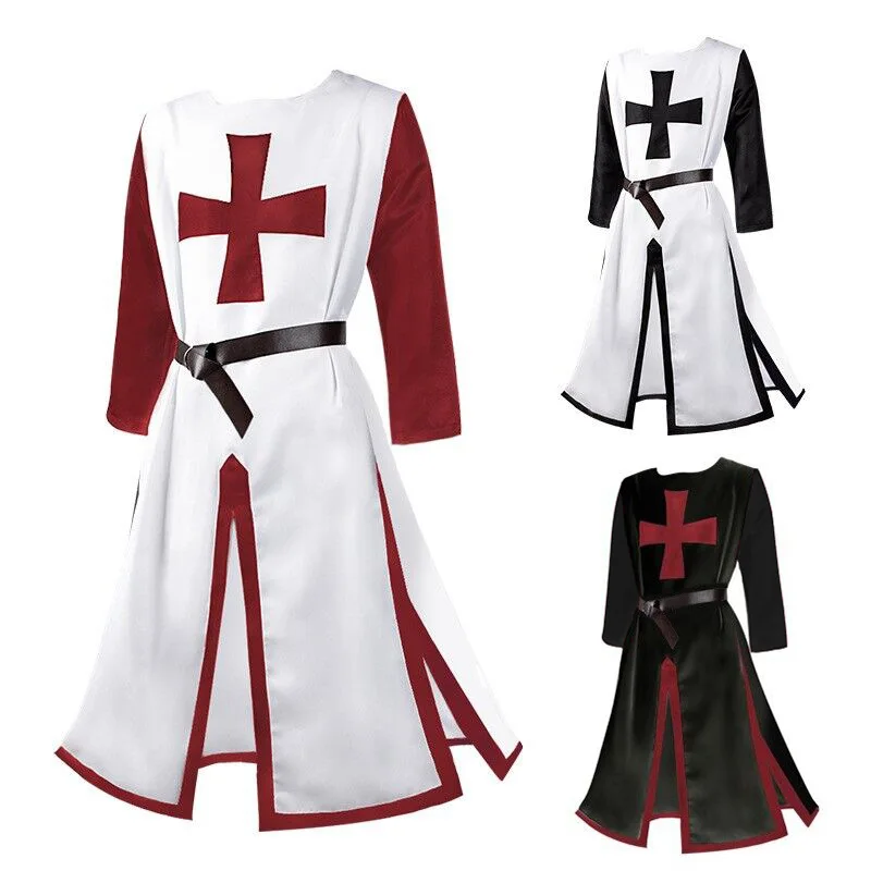 Mens Medieval Crusader Knights Templar Tunic Cosplay Costumes Renaissance Halloween Surcoat Warrior Black Plague Cloak Top Belt