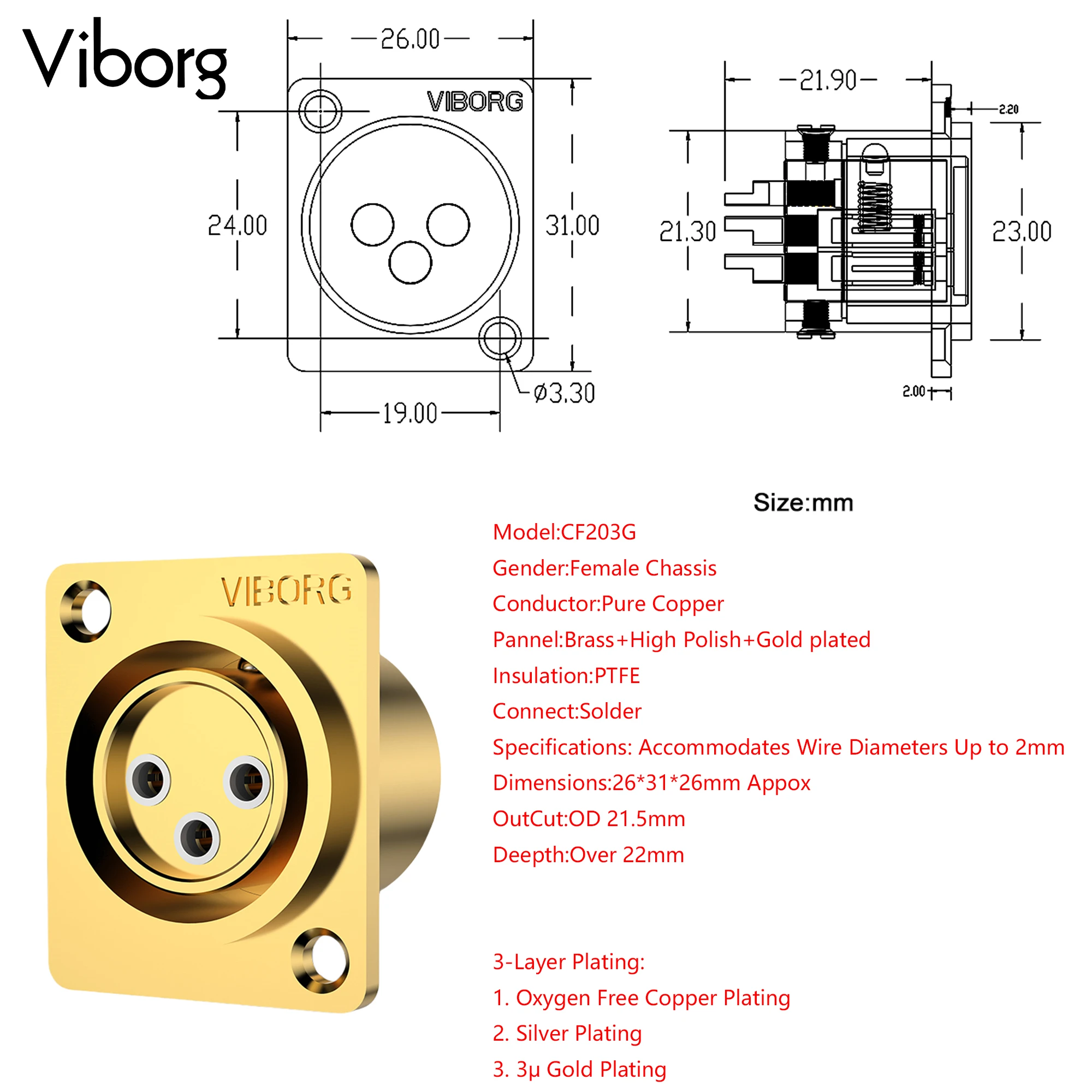 1pc Viborg CM203G CF203G CF203R Reinem Kupfer Gold XLR 3pin Männlich Weiblich Panel Mount Buchse XLR Ausgewogene Stecker kopfhörer AMP DIY – Detail 1