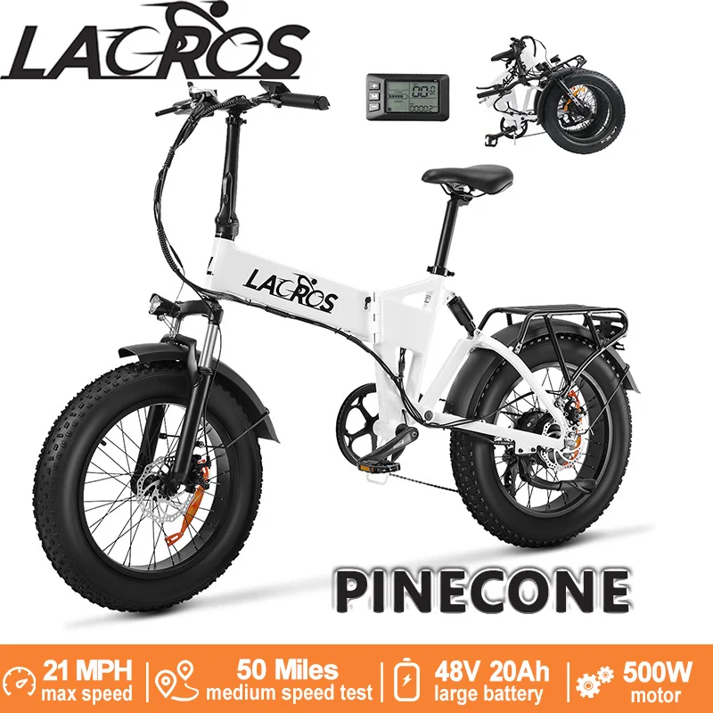 

Складной eBike Lacros Pinecone, двигатель мощностью 500 Вт, диапазон 21 миль в час, 50 ми, толстая шина 20 x 4 дюйма, двойная подвеска, дисковые тормоза 160 мм