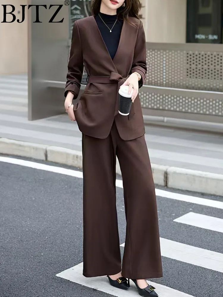 

BJTZ Temperament Office Lady Blazer Set Women's 2025 Spring Autumn New Trendy Solid Color Top Wide Leg Pants Two Piece