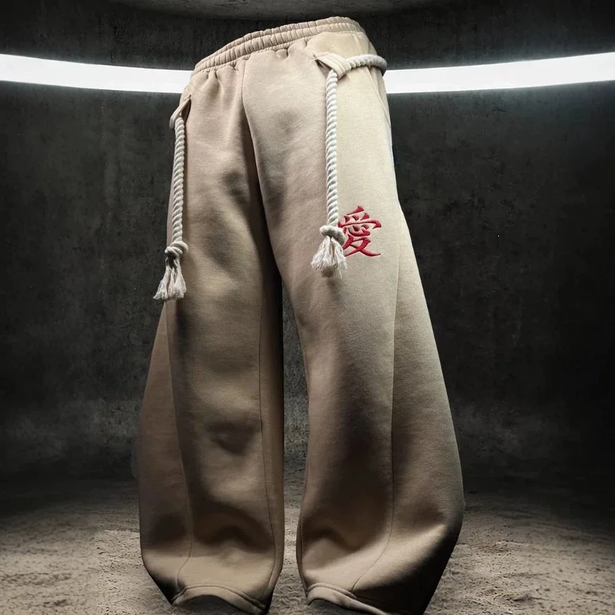 Chinese Character Love Embroidery Sweatpants Thick Rope Drawstring Khaki Loose Streetwear Joggers