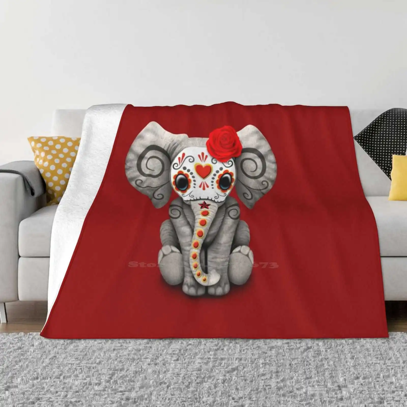 Red Day Of The Dead Sugar Skull Baby Elephant Creative Design Light Thin Soft Flannel Blanket Day Of The Dead Elephant Sugar