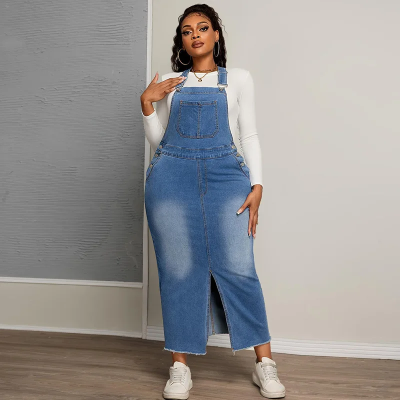 

Suspenders Dress Women Denim Dresses Vintage Washed Split Splice One Piece Y2k Streetwear Overalls Work Casual Frayed Summer