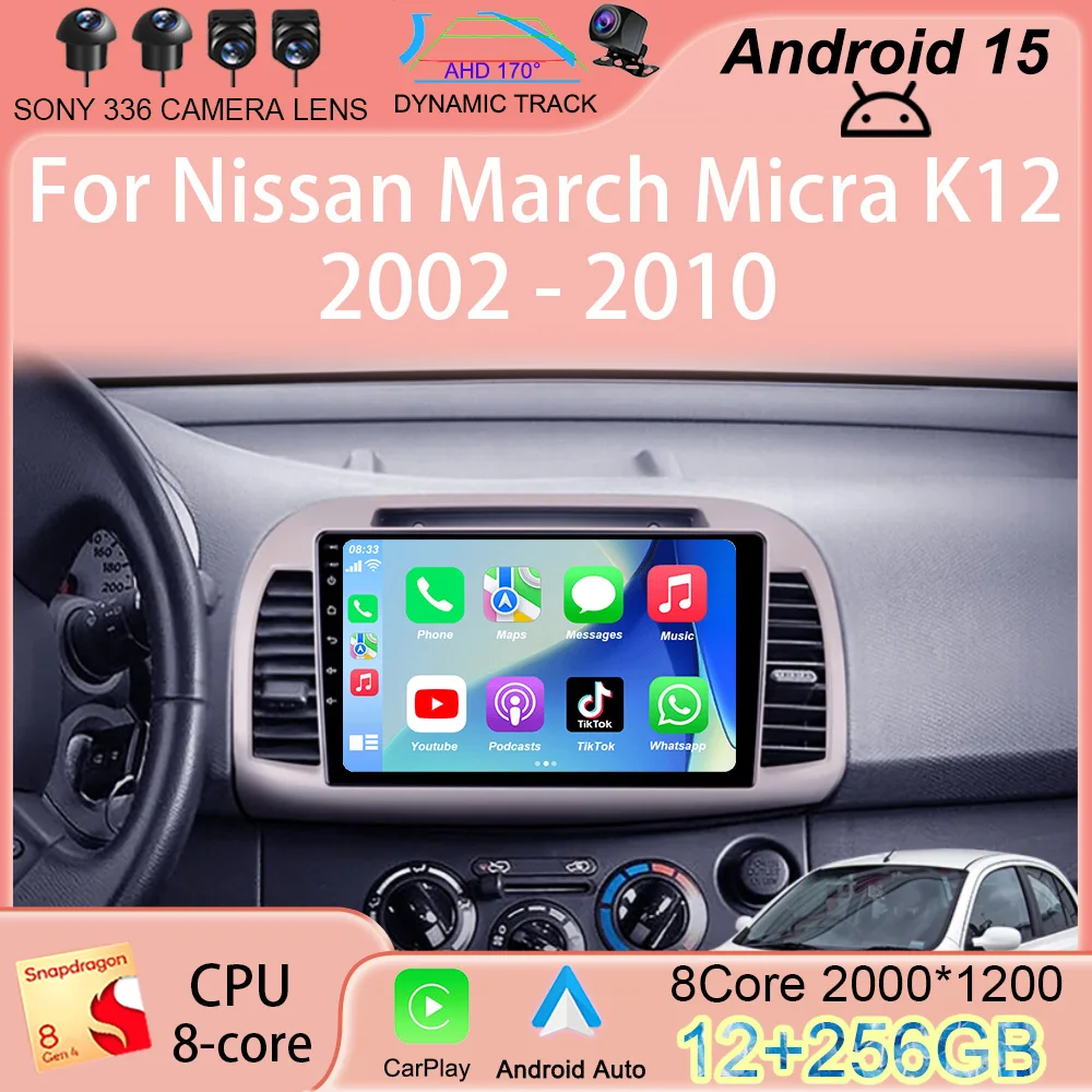 

Carplay Android 15 WIFI+4G For Nissan March Micra K12 2002 2003 2004-2010 Car Radio Multimedia Player GPS Stereo 2din Head Unit