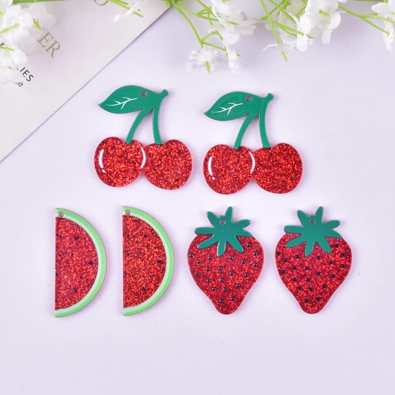 10pcs Fruits Strawberries Watermelons Cherries Acrylic Charms Pendant for Women DIY Jewelry Making