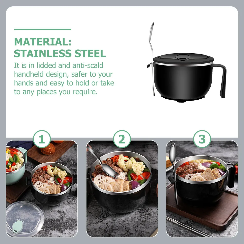 1Set Stainless Steel Soup Bowl 1200Ml Lidded Noodle Bowl Anti-Scald Grip Food Container for Rice Salad Lunch Travel Home Office