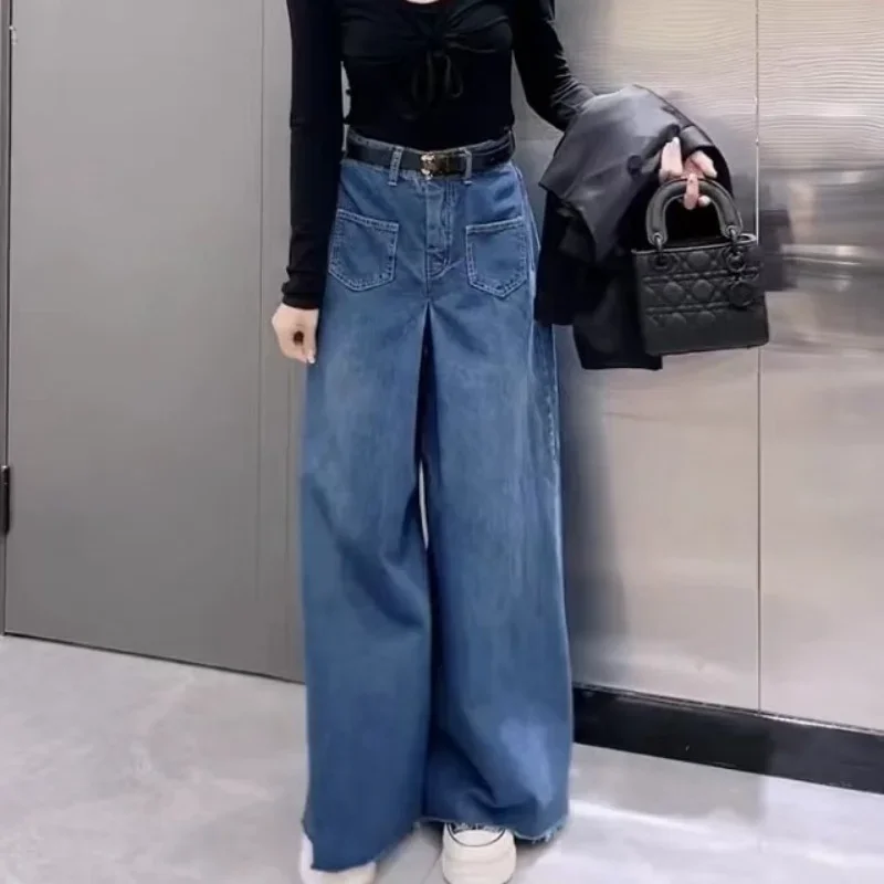 Retro Loose Super Wide-leg Jeans Women\'s 2024 Spring New Design Rough Edge Culottes Drape Floor Pants Women\'s Clothing Simple