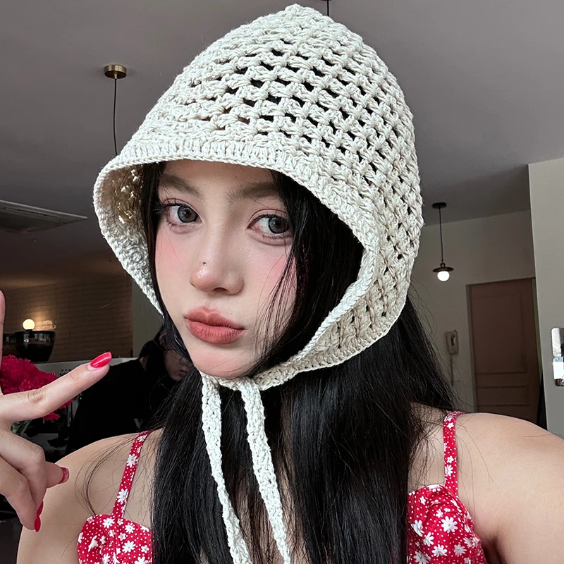 Korean Sweet Handmade Hollowed-out Knitted Headscarf Hats for Women Summer Seaside Travel Thin Photo Versatile Beanies Cap