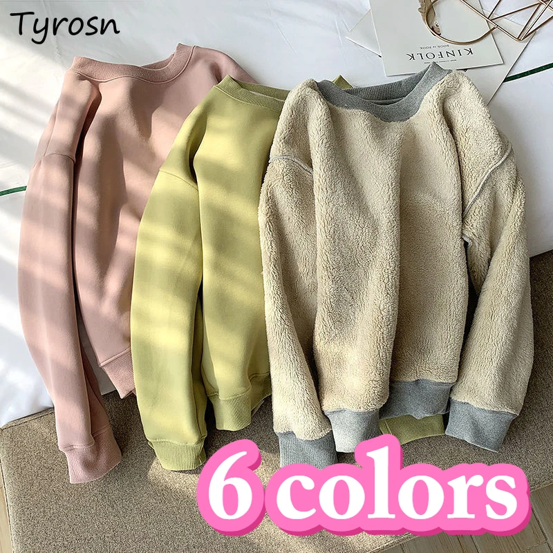 

Plus-velvet O-neck Hoodies Women Solid Loose Simple Basic 6 Colors All-match Thick Warm Cold-proof Leisure Female Popular Winter