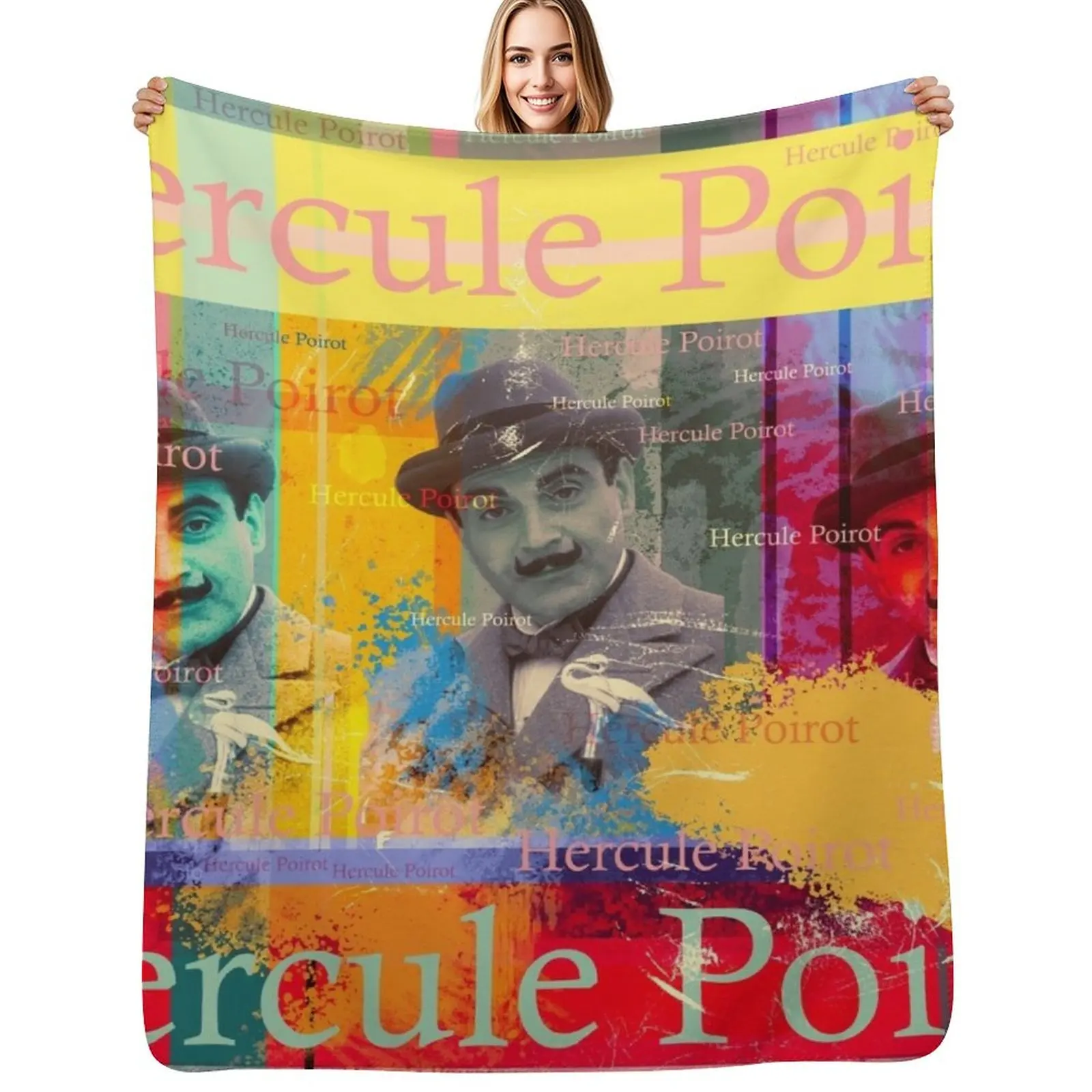 Hercule Poirot portrait, aesthetic collage with well-known Belgian detective for series lovers Throw Blanket Custom Blankets