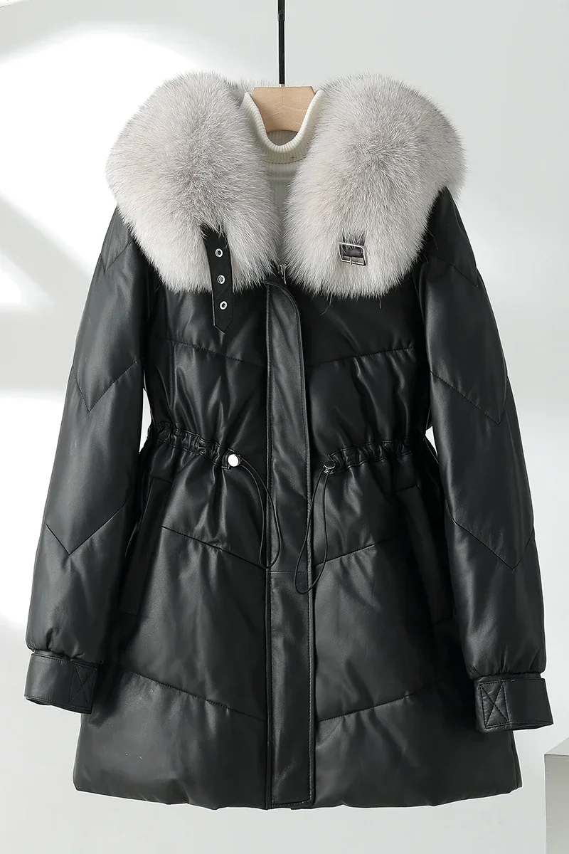 2022ฤดูหนาวเสื้อแจ็คเก็ตผู้หญิง Fox Fur Collar หนัง90% สีขาวห่านลงเสื้อผู้หญิงกลางยาวหนาจริงแจ็คเก็ตหนัง FCY