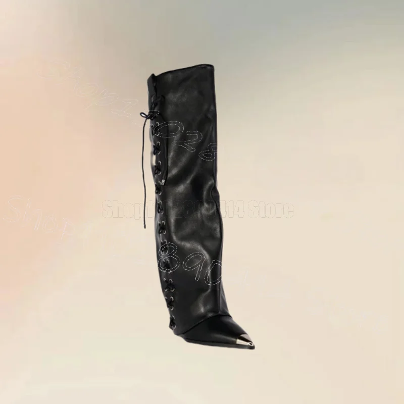 Botas sexis negras con tiras cruzadas de Metal y punta estrecha, Zapatos sin cordones Para Mujer, cuñas, tacón, moda Para fiesta, banquete, 2025 Zapatos Para Mujer