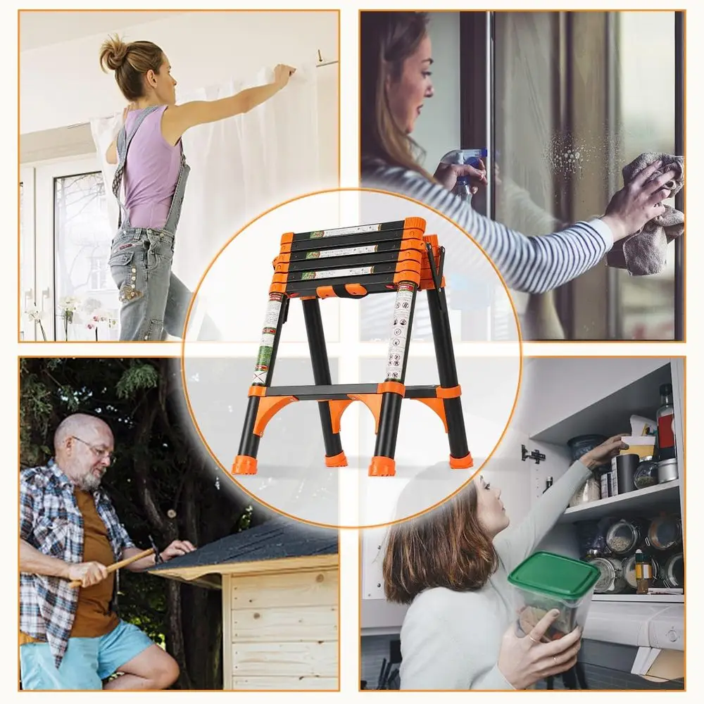 Compact Aluminum Telescopic Ladder with 1-Button Retract, Lightweight & Portable for Home and RV, 330lb Load, 1.4-1.7M Adjustabl