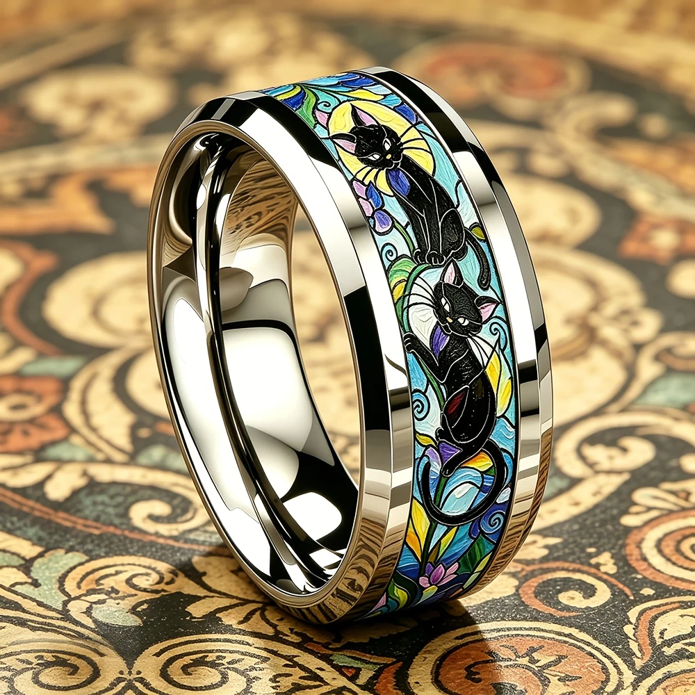 Künstlerischer Stil Abstrakter Schwarzer Katzen-Mond-Ring Einzigartige Edelstahlringe für Männer und Frauen Hochzeit Party Schmuck Geschenk für Katzenliebhaber – Detail 6