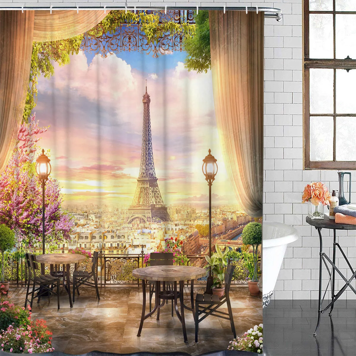 Paris Tower Scenic Street Flower Building Balcony Waterproof Shower Curtain With Hook Bathroom Decoration Accessories Curtains