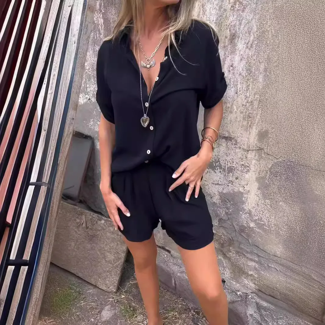 Summer Shirt Two Piece Set For Women Pocket Shorts 2 Piece Sets Suits Solid Short Sleeve Shirt Shorts Casual Outfits Female 2024