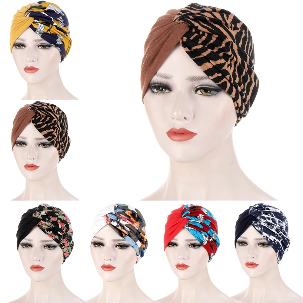 

Women Patchwork Print Chemo Cap Stretch Beanies Bonnet Hat Muslim Hijab Twist Knot Turban Skullies Hair Loss Headscarf Wrap Hats