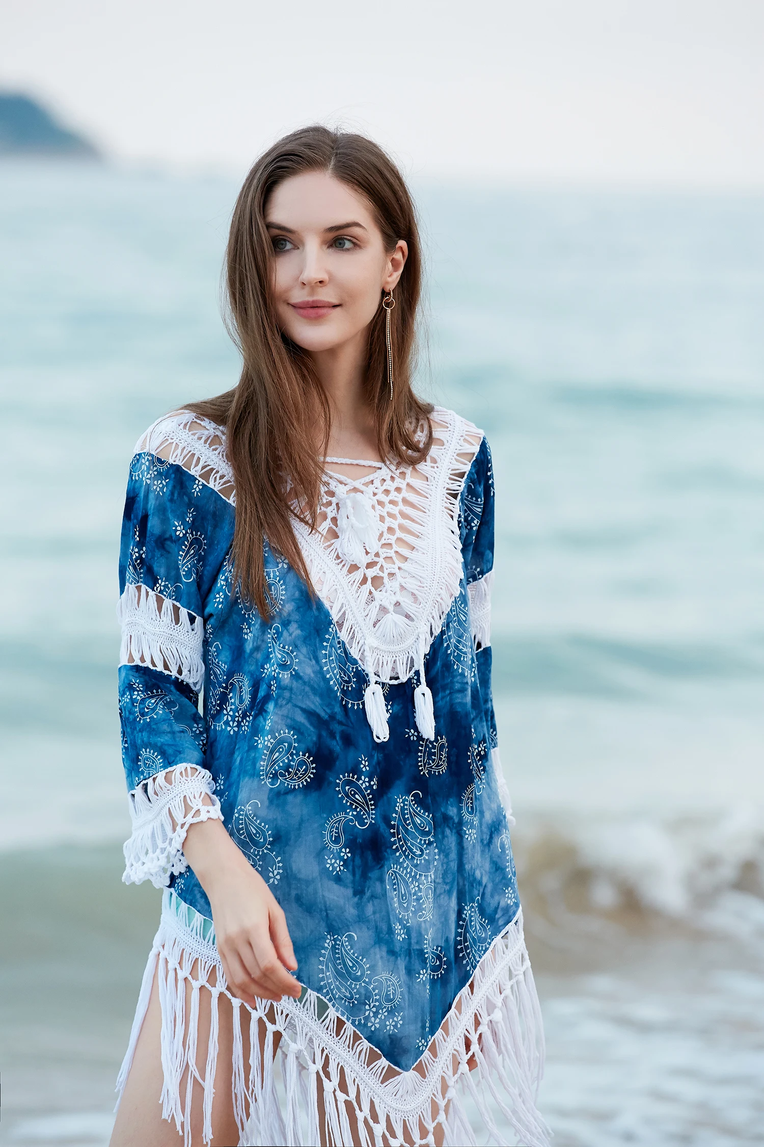 Retro Blau Gedruckt Frauen Sommer Strand Kleid Bikini Cover-up Hohl Hand Häkeln Patchwork Spitze-up Quasten Mini kurze Beachwear