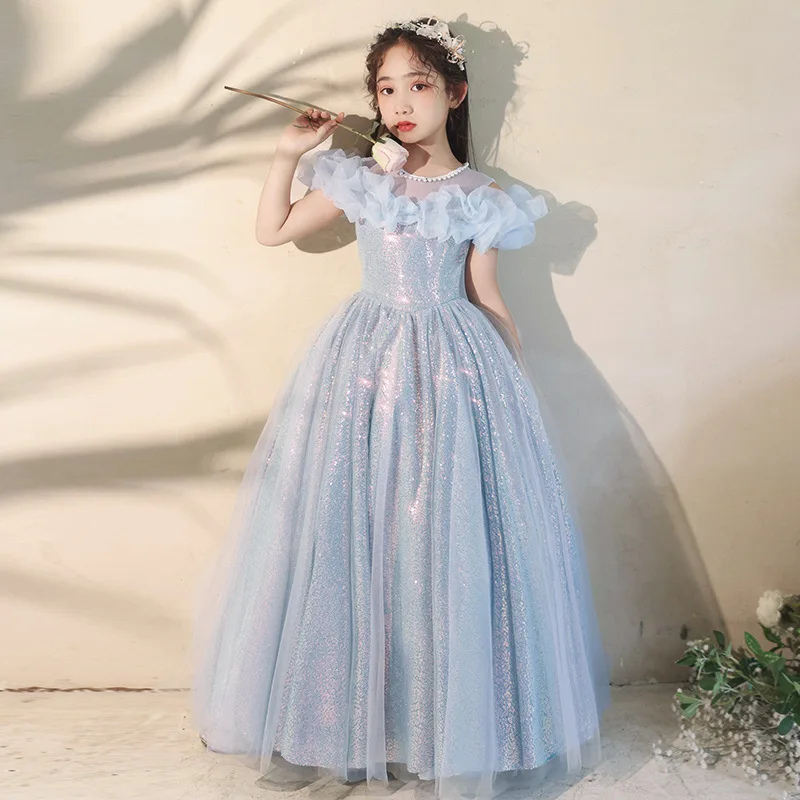 

Blue Girl's Birthday Party Dress Eegant Pearl Round Necked Sparkling Sequin A-line Tulle Princess Dresses Piano Performance Gown