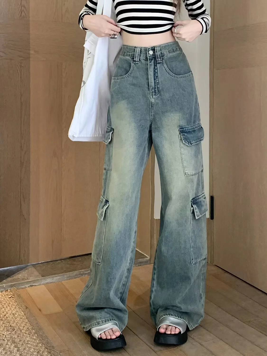 American Retro Multi-Pocket Workwear Denim Pants Women's Sweet Cool Loose High Waist Slim Straight Leg Wide Leg Pants Floor-L...