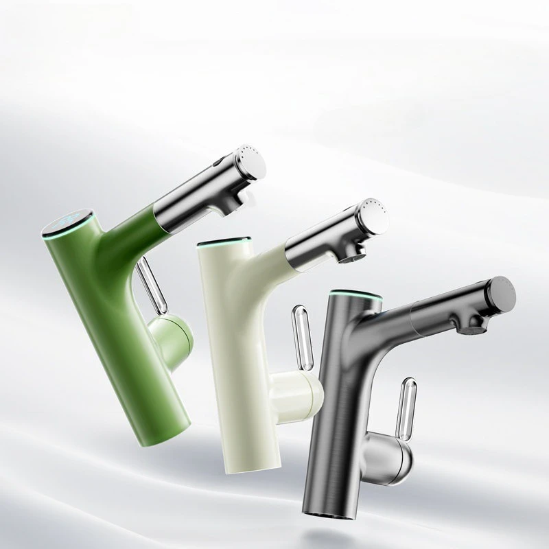 Light Luxury Cactus Shape LED Digital Display Pull-Out Function 360 Rotatable Basin Faucet Hot Cold Anti-Splash for Bathroom