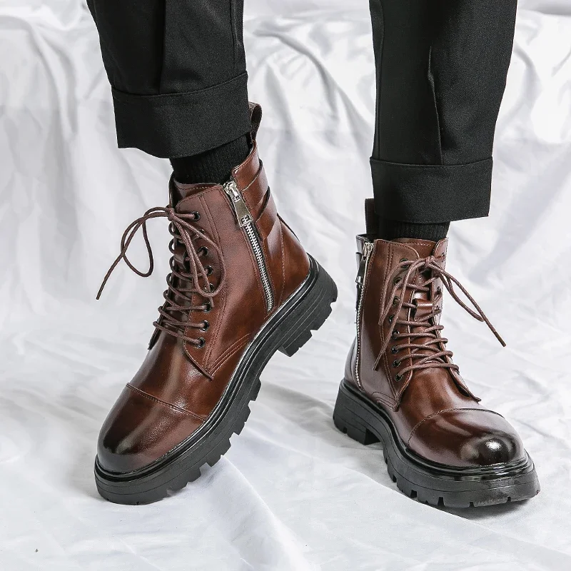 Bottes en cuir véritable pour hommes, semelles épaisses, vêtements de travail de haute qualité, chaussures montantes décontractées, bottes de moto de chevalier