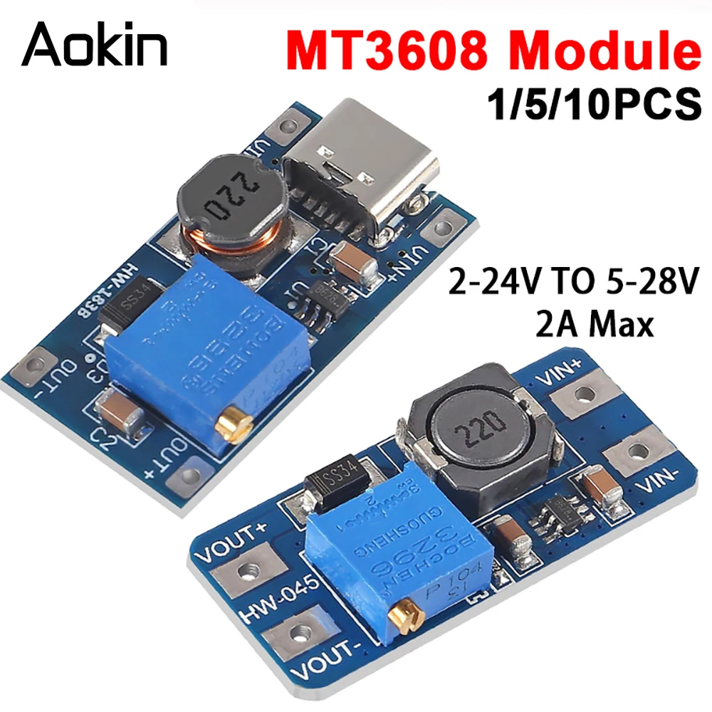MT3608 DC-DC Adjustable Boost Module Feed Converter Voltage Regulator Module Micro USB Type-c Plug 2V-24V to 5V-28V 2A