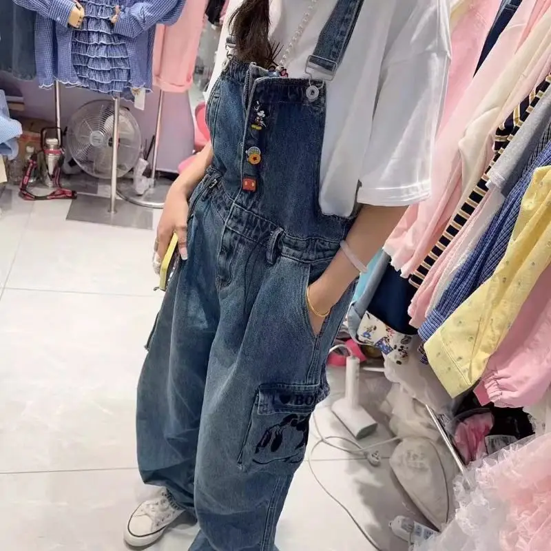 

одежда y2kWomen's American Style Disney Mickey Denim Overalls High Waist Cargo Pants Colorful Buttons Big Pockets Fashion Casual