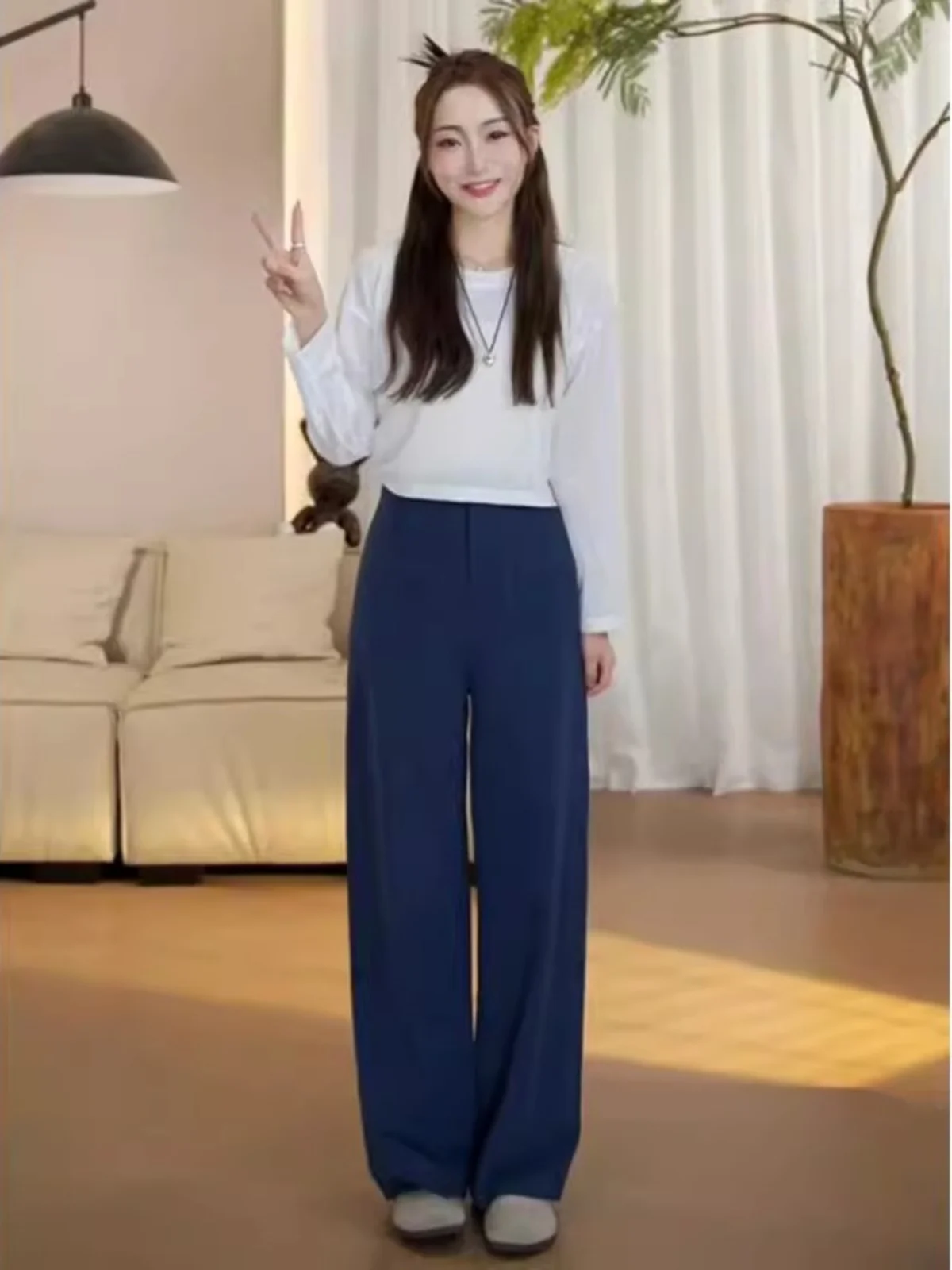 

Стильные брюки больших размеров с высокой талией, широкими штанинами и прямым кроем, повседневные, в пол, для женщин, осенняя новинка, стройнящие, универсальные