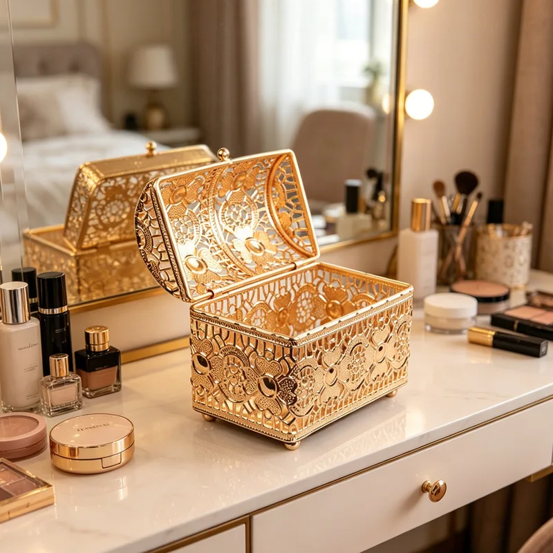 HYS Light Luxury Vintage Gold Hollow Jewelry Box, Ring & Earring Storage Box, Bestie Birthday Gift Box, High-End Ornament