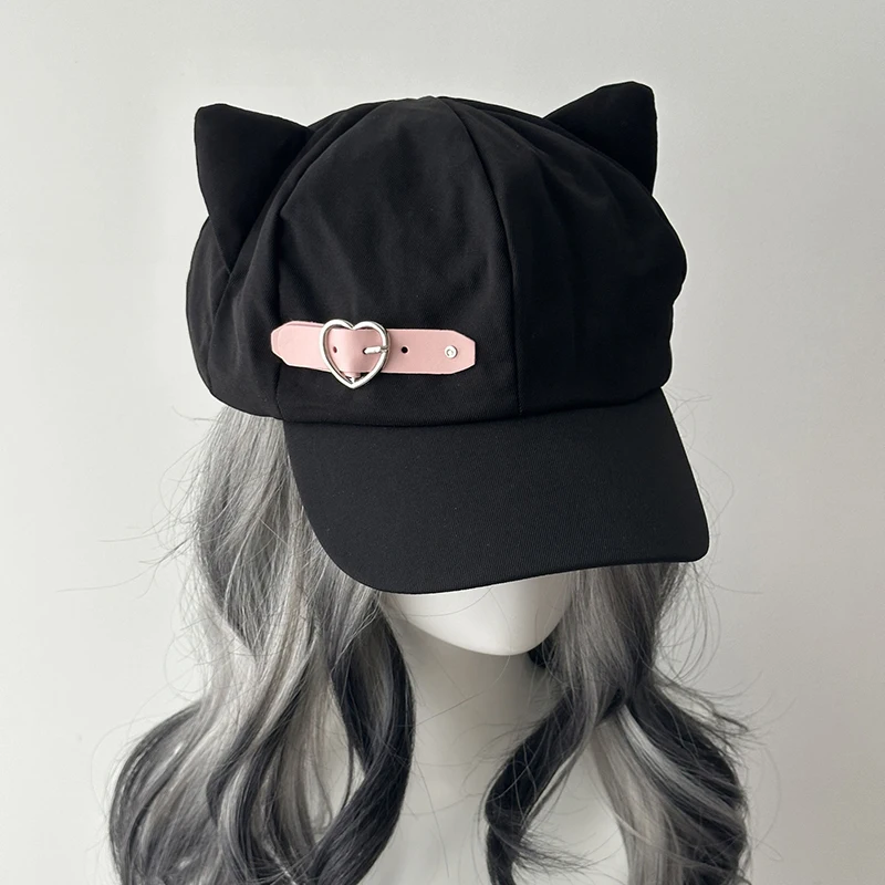 óm Lustige Wong Katzenohren Harajuku Gothic Lolita Baskenmütze Y2K Mädchen Steampunk Punk Reißverschluss Handgefertigte Sonnenhutkappe