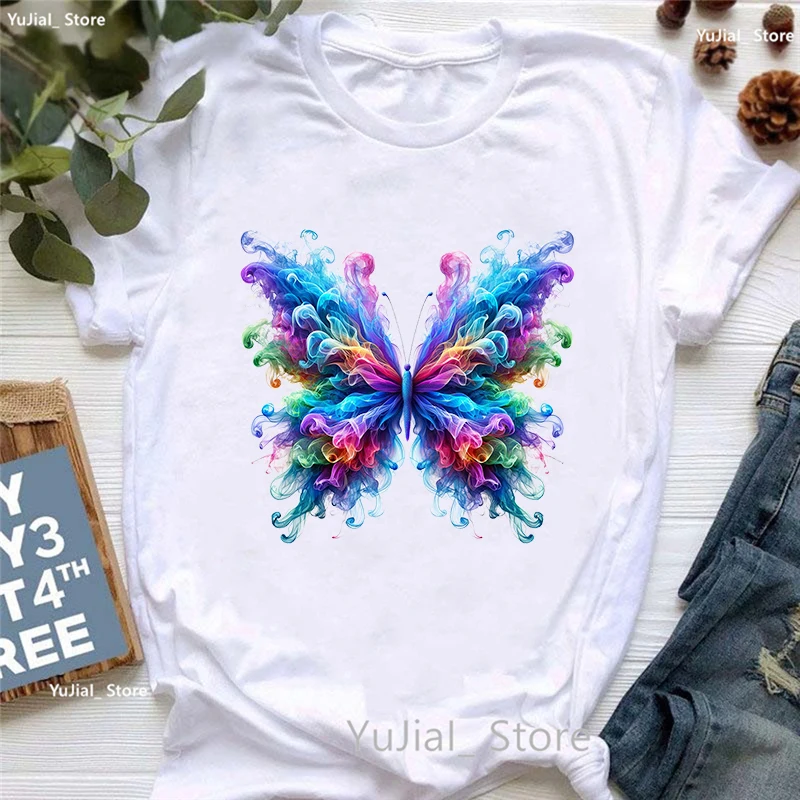 

Newest Smoke Flower Printed T Shirt T Shirt Women'S Clothing Colorful Butterfly Tshirt Femme Summer Fashion Short Sleeve T-Shirt