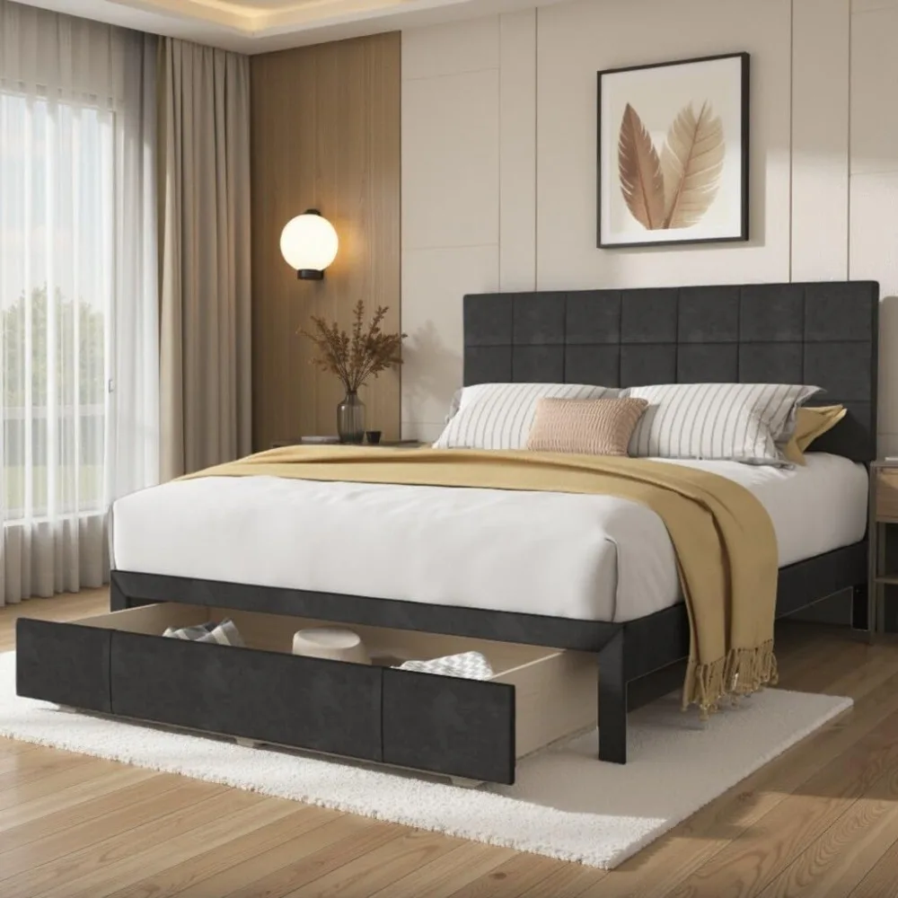 

Queen Size Bed Frame with Drawer & headboard, Velvet Upholstered Platform Beds with Storage, No Box Spring Needed, Bed Frame