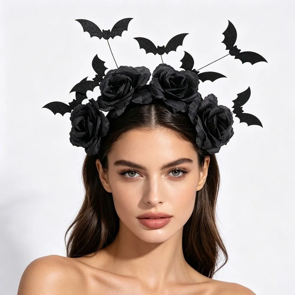 Black Artificial Flowers Halloween Headband Spider Web Lace Design Witch Hairband Rose Flower Bat Party Role-playing Accessory