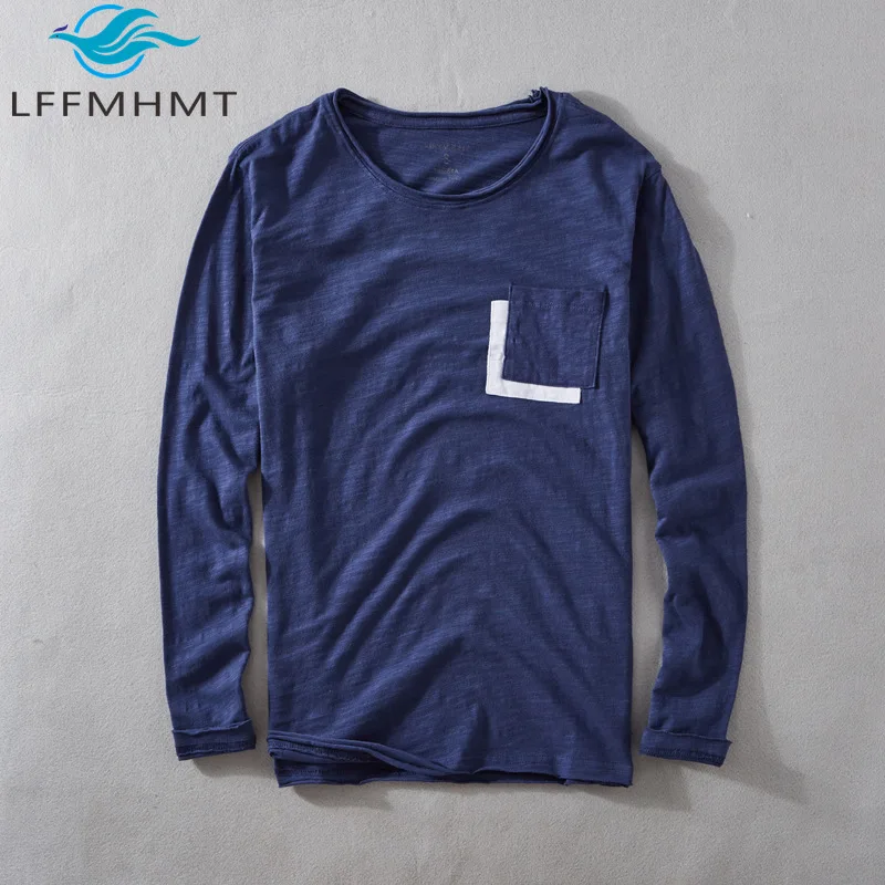 Good Quality Spring Fashion Pocket Patchwork Long Sleeve Casual T-shirt Men Japan Style Slub Cotton Teen Daily Loose Casual Tees