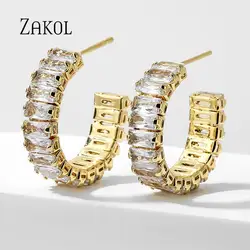 ZAKOL Geometric Square Zircon Arrangement Stud Earring for Women Korean Fashion C Shape Earrings Girls Wedding Party Jewelry