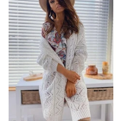 Autumn Winter Knitted Sweater Coat Women's Loose Cardigan Hollow Out A Long Sweater Women's Long Sleeve V-neck Solid Color Coat