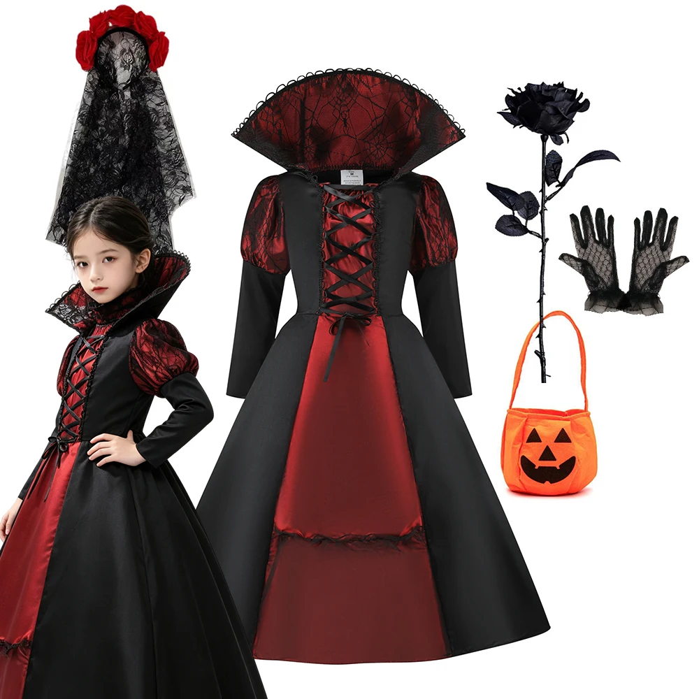 Kids Role Play Dress Girls Vampire Queen Cosplay Dress Stand Collar Long Sleeve Halloween Fancy Costume for Carnival Party