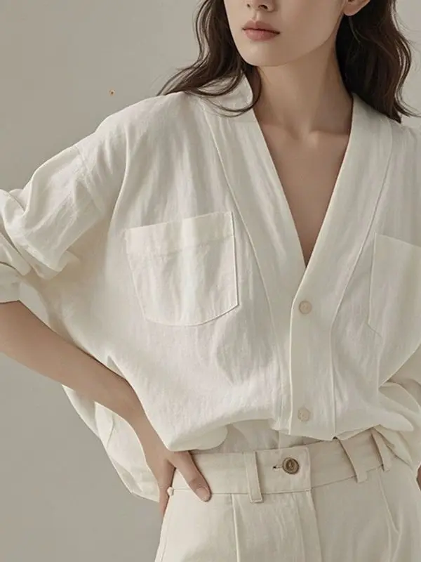 

Новинка лета 2026: Женская модная повседневная блузка с V-образным вырезом из хлопково-льняной смеси, с длинным рукавом, для офиса