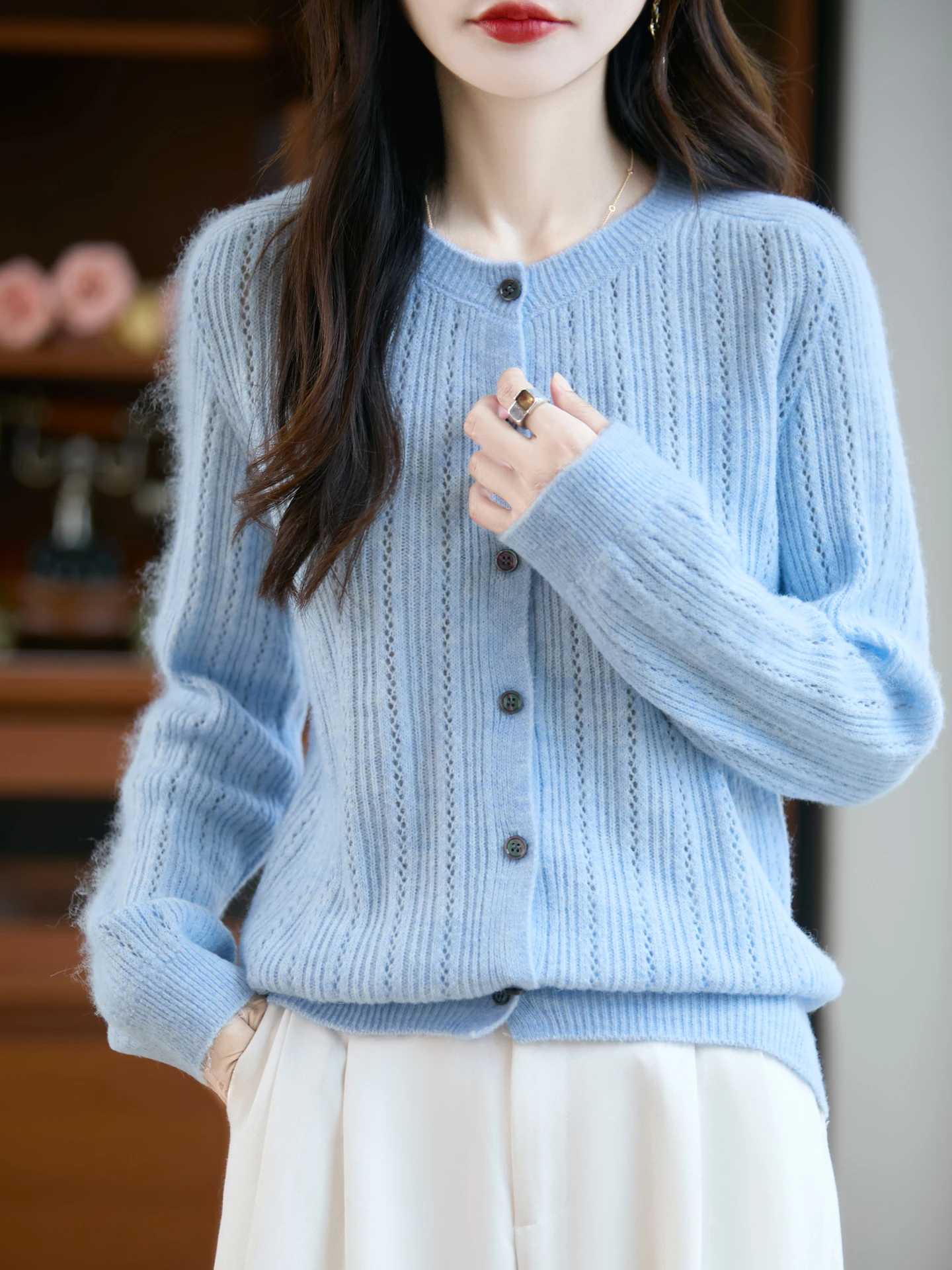 Hollow Out Autumn Winter Woman Sweater Elegant Ladies 30% Merino Wool Knitted Cardigan Cashmere Female Long Sleeve Clothing Tops