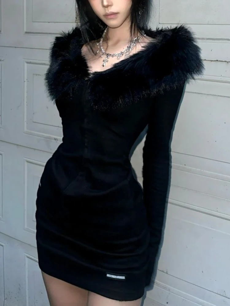 

Французский модный меховой воротник, однотонные лоскутные комплекты, женский вязаный топ с v-образным вырезом + короткая юбка на бедрах, женский новый элегантный комплект из двух предметов