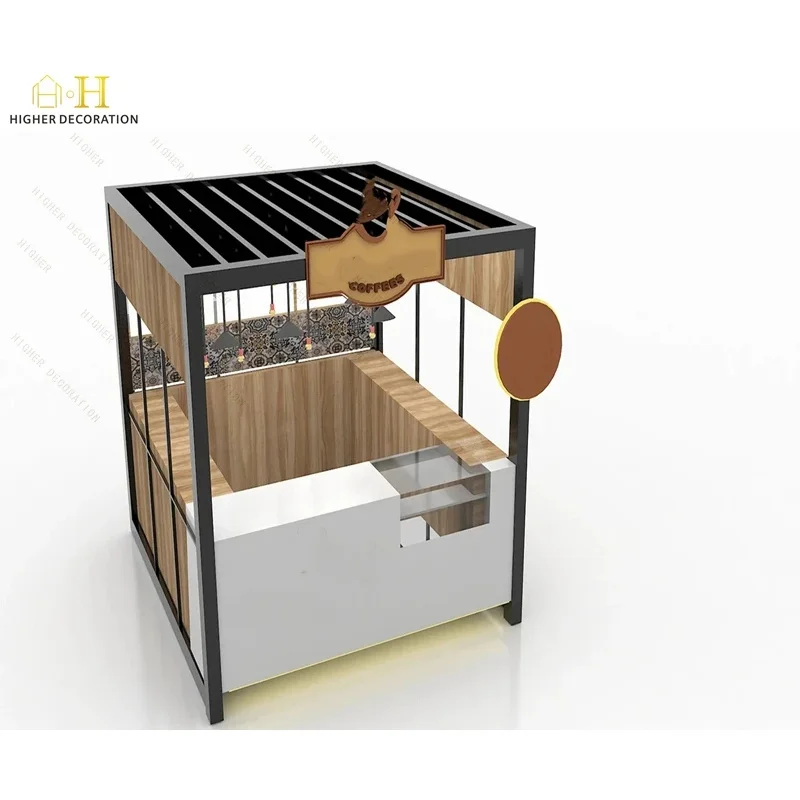 custom.Simple Style Indoor Coffee Kiosk Metal Soild Wood Coffee Kiosk Mall Marble Coffee bar Station